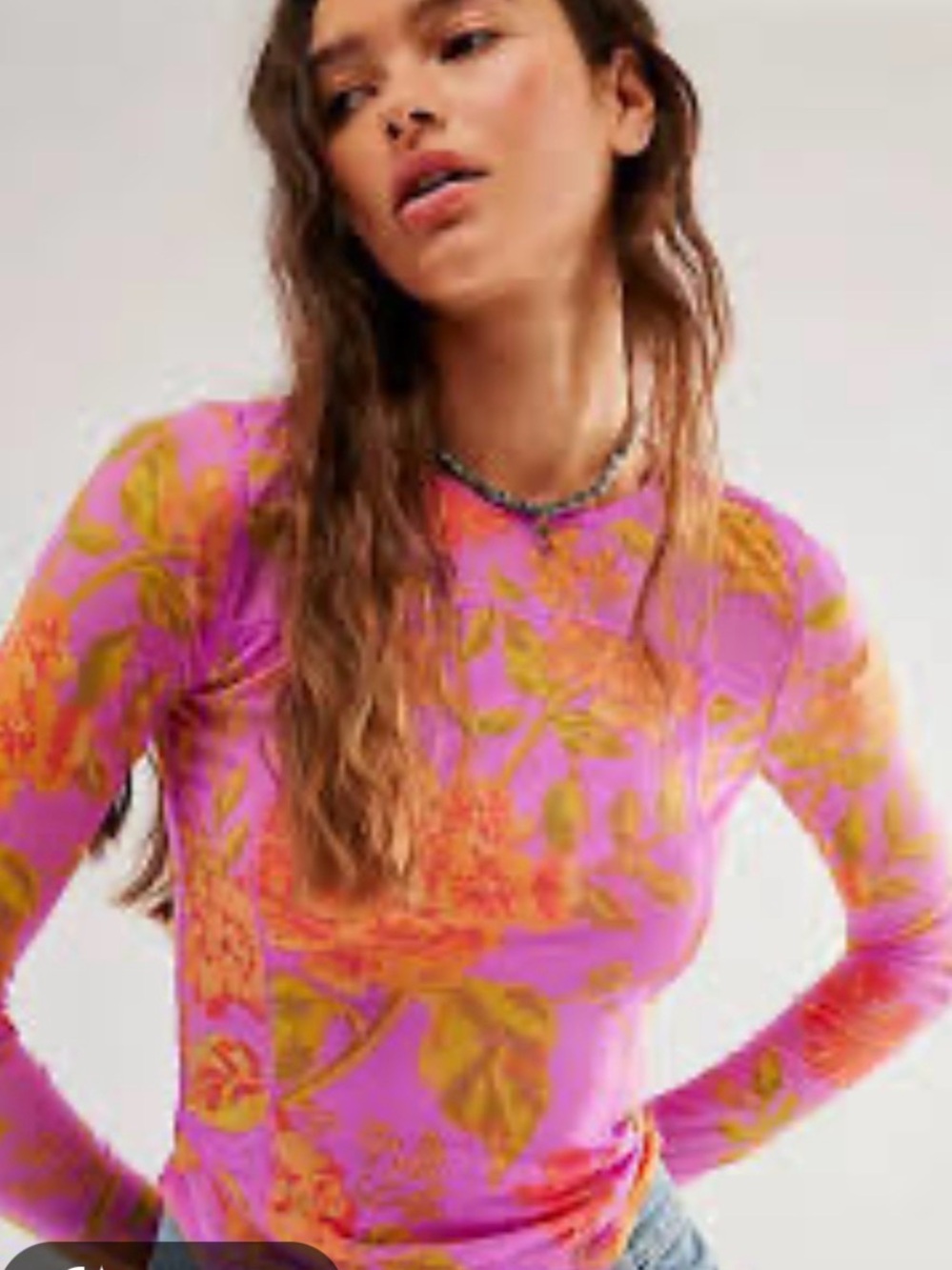 Free People Pink and Gold Floral Long-Sleeve Crewneck Top